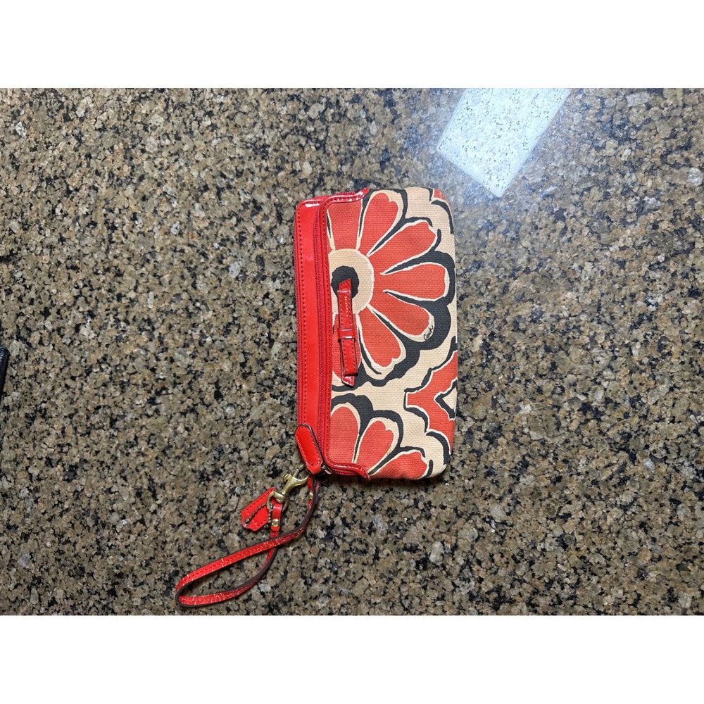 Coach Poppy Floral Print Wristlet Red Orange Bow Patent Leather Trim Wallet